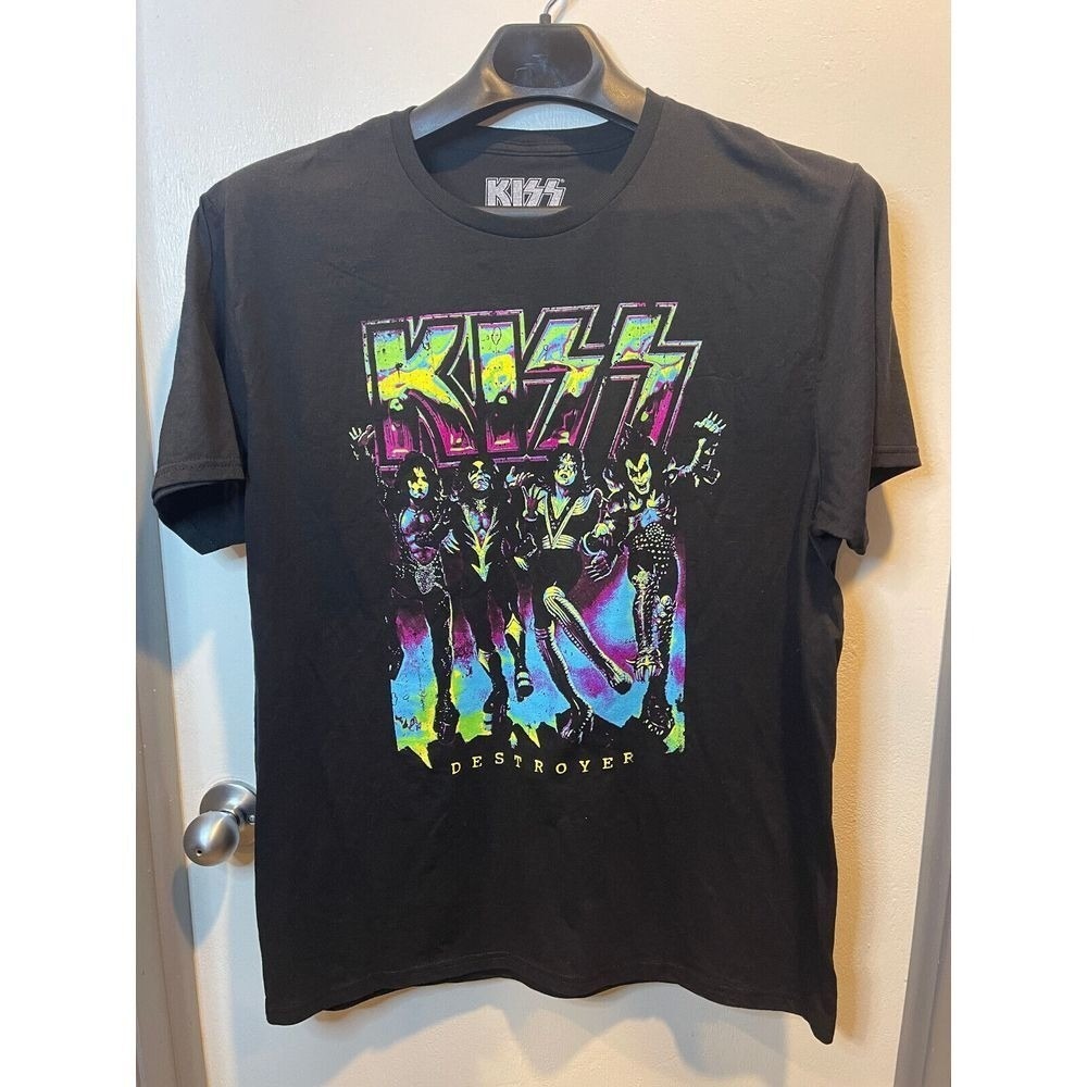 KISS Destroyer Band T-Shirt Mens Large Black Neon Graphic Print Rock Tee 2023